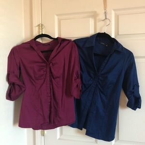 Women’s two button up tops in magenta and navy